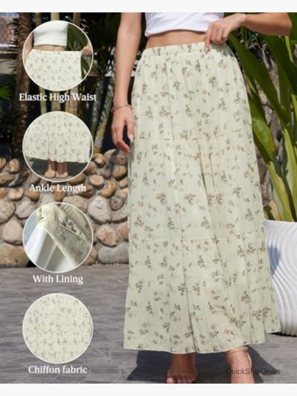 Chiffon Pleated Maxi Skirt High Waisted Flowy Long Skirt with Lining Boho - Picture 5 of 7